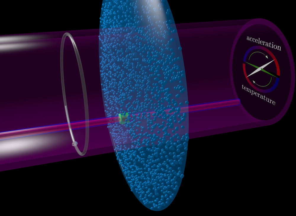 Grafik: Laserstrahl, der auf eine Wolke ultrakalter Atome trifft