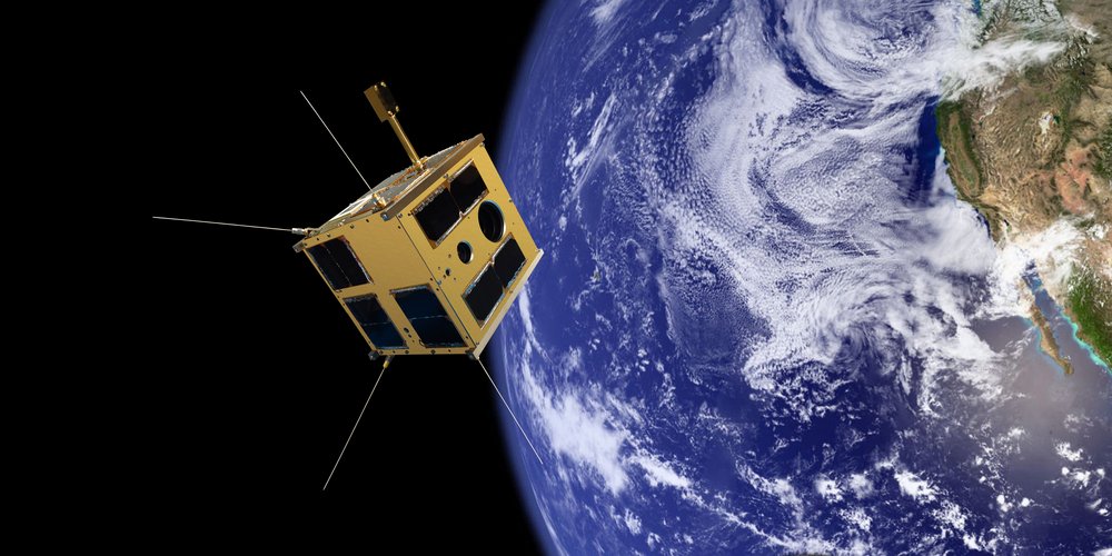 Fotomontage eines Satelliten vor der Erdkugel