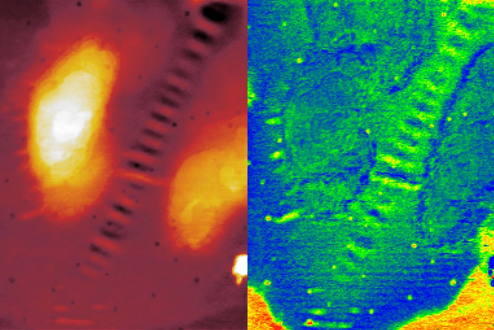 Bild geteilt in zwei Hälften: Links wird die Bitumenoberfläche in rot und gelb abgebildet, rechts in blau und grün.