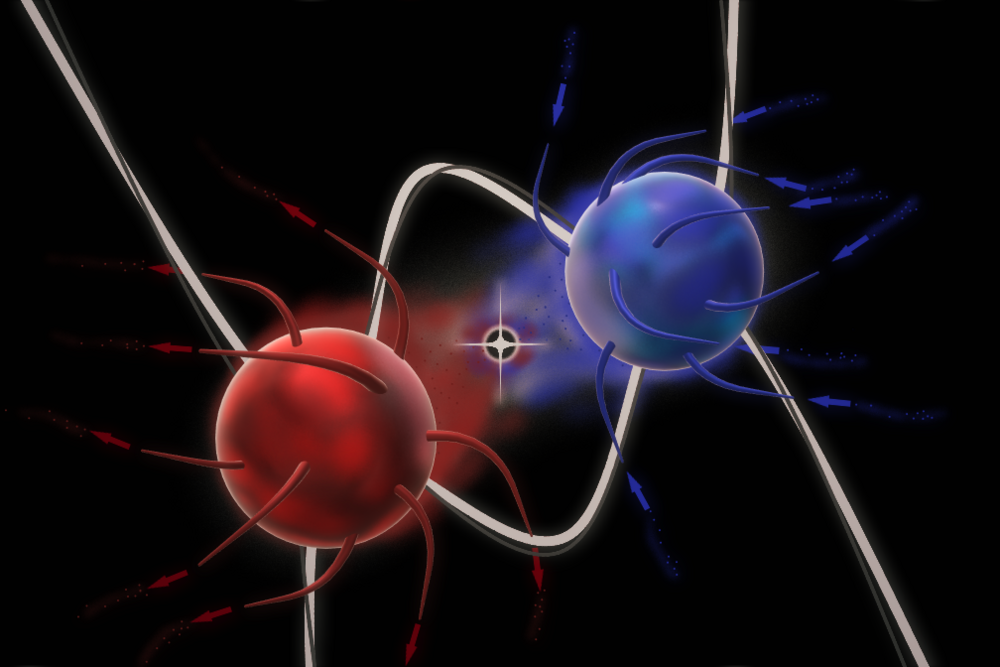 Symbolische Darstellung von zwei Teilchen mit Verbindungen dazwischen