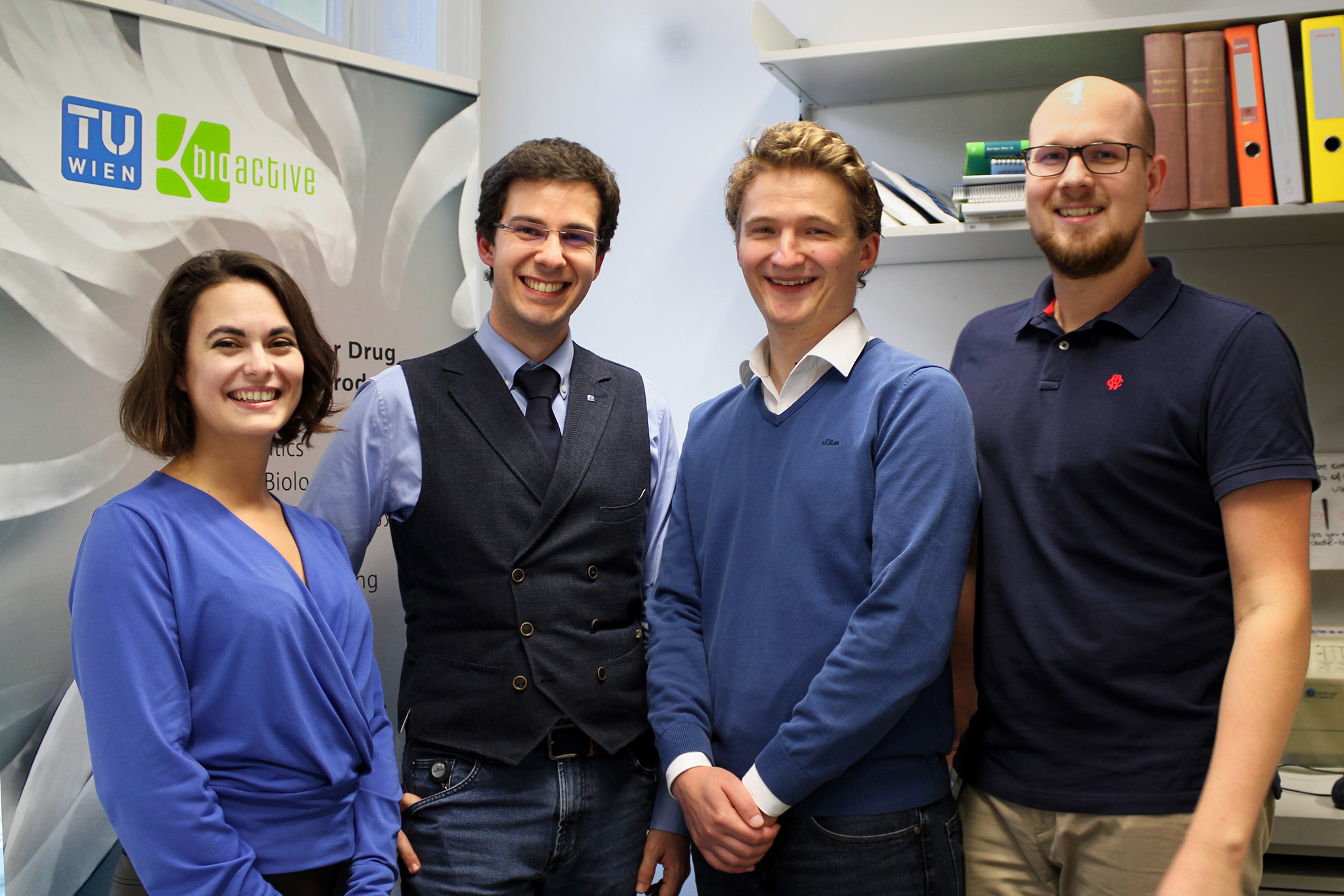 Group photo showing the four researchers in the office: Denise Schaffer, Gabriel Alexander Vignolle, Leopold Zehetner, Christian Derntl