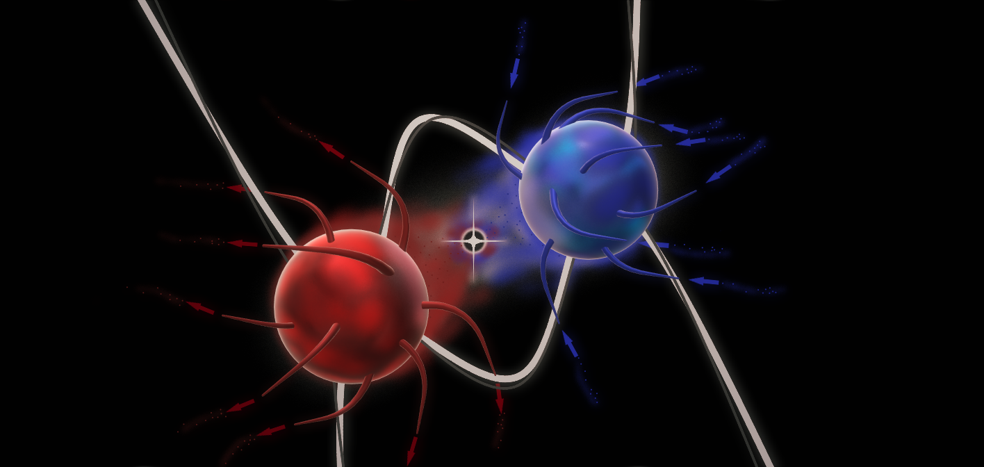 Symbolische Darstellung von zwei Teilchen mit Verbindungen dazwischen