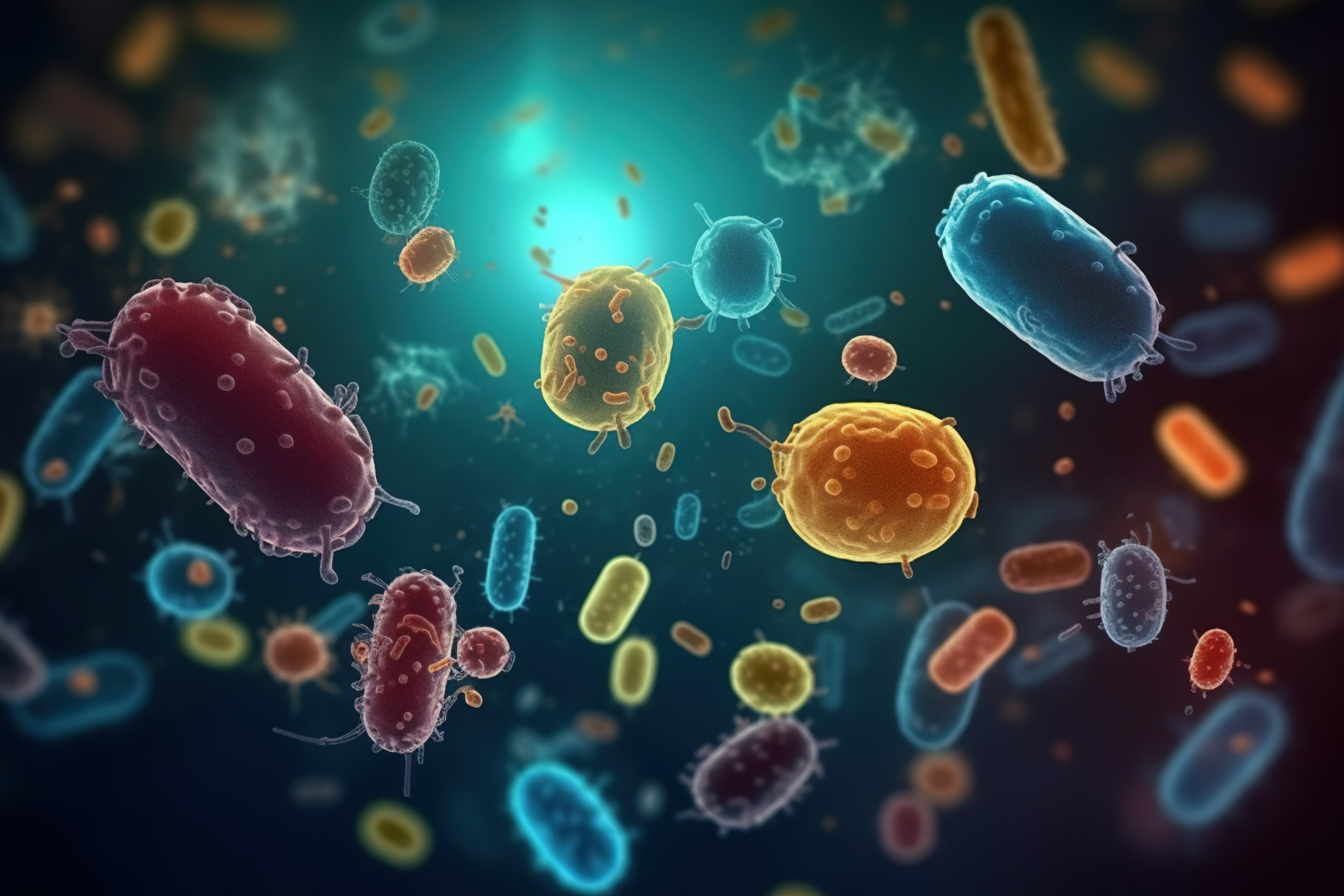 Bunt eingefärbte Bakterien scheinen im Raum zu schweben.