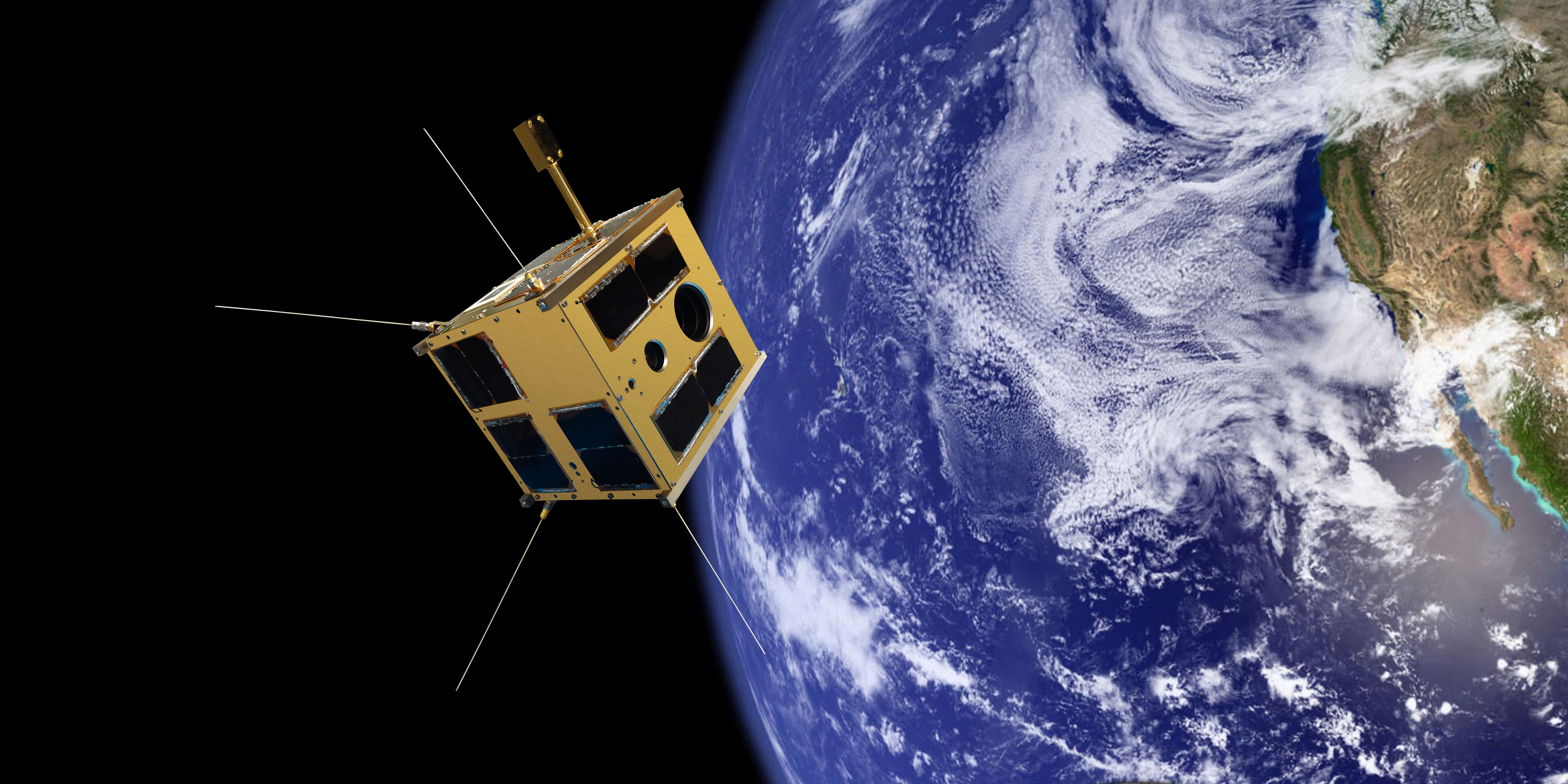 Photo composition showing the TUGSAT-1 satellite orbiting the earth.